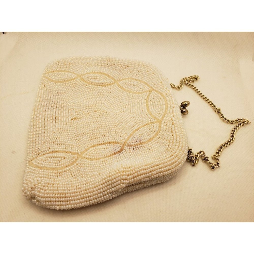 Richere White Beaded Evening Bag Seed Pearls Beads Gold Chain Clutch Purse Japan - Picture 2 of 10